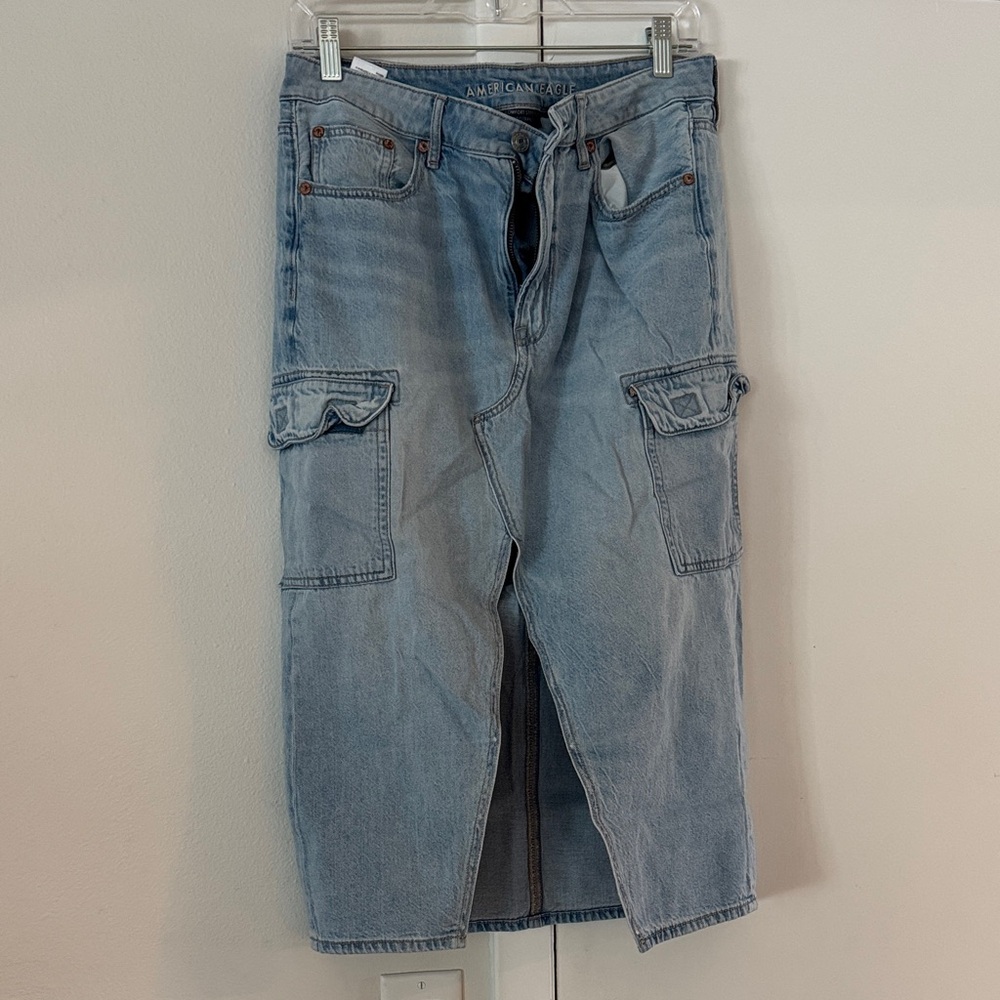 Light Blue Denim Cargo mid calf Skirt